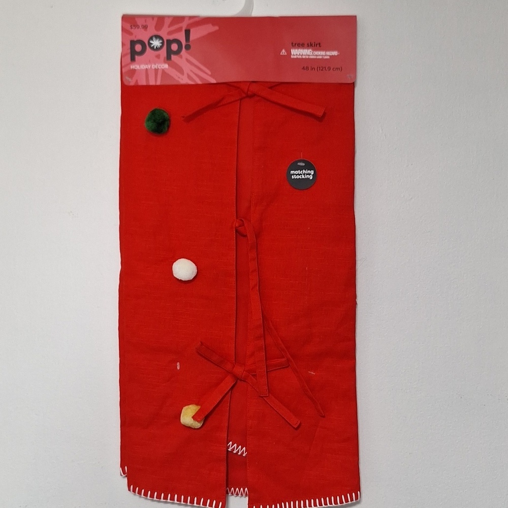 Pop Red Holiday Christmas Tree Skirt with Pom Poms